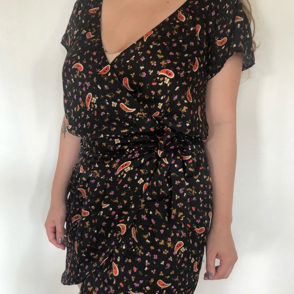 Black Floral Print Mini Dress Ties on side